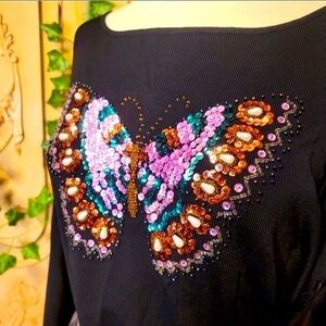 Butterfly Sequin & Beaded Embellished Black Long Sleeve Top, Y2K